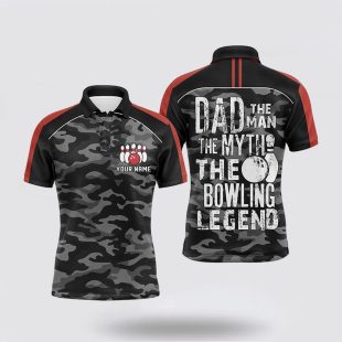 Mens Bowling Custom Black Camo Bowling Team Dad The Man The Myth Bowling Legend Polo Shirt