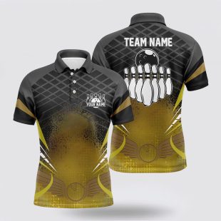 Mens Bowling Custom Black Gold Bowling Ball Pins Team League Polo Shirt