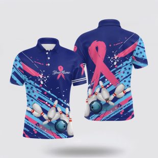 Mens Bowling Custom Blue American Flag Pink Ribbon Bowling Breast Cancer Awareness Polo Shirt