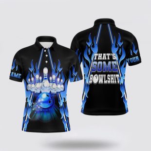 Mens Bowling Custom Blue Flame Thats Some Bowlshit Bowling Ball Pins Team League Polo Shirt