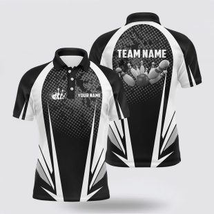 Mens Bowling Custom Bowling Ball And Pins Black And White Team Men Bowlers Polo Shirt