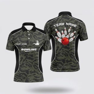 Mens Bowling Custom Bowling Ball And Pins Camo Bowling Team For Men Polo Shirt