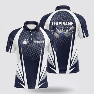 Mens Bowling Custom Bowling Ball And Pins Navy And White Team Men Bowlers Polo Shirt