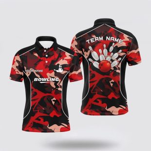 Mens Bowling Custom Bowling Ball And Pins Red Camo Bowling Team For Men Polo Shirt