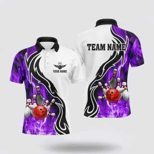 Mens Bowling Custom Bowling Ball Pins Strike Team League , Bowl Gifts Purple Polo Shirt