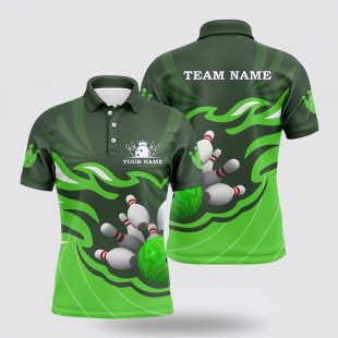 Mens Bowling Custom Bowling Ball Pins Team League , Bowling Gifts Green Polo Shirt