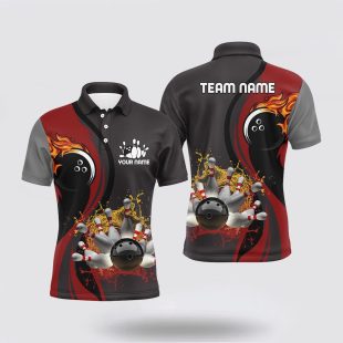 Mens Bowling Custom Flame Bowling Ball Pins Bowler For Mens Red Polo Shirt