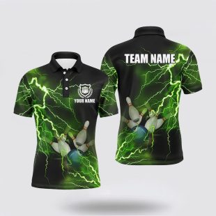 Mens Bowling Custom Green Lightning Thunder Bowling Team Polo Shirt