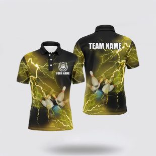 Mens Bowling Custom Yellow Lightning Thunder Bowling Team Polo Shirt