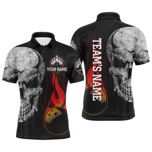 Mens Skull Flame Custom Name Team Bowlers Jerse Polo Shirt