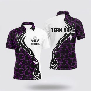 Purple Bowling Pattern Custom Men Bowling Flame Bowling Team Tournament Polo Shirt