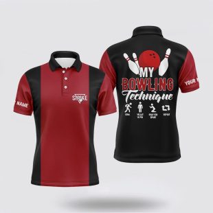 Red Black Vintage Mens Bowling Custom My Bowling Technique Strike Bowling Team Polo Shirt