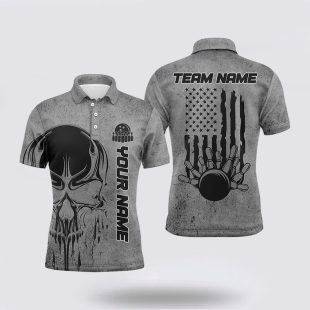 Skull Bowling For Men Custom Team Name American Flag Bowler Polo Shirt