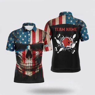 Skull Bowling For Men Custom Teams Name American Flag Bowler Polo Shirt