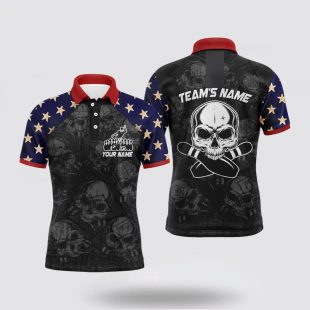 Skull Bowling For Men, Patriotic Custom Name Team Bowlers Polo Shirt