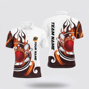 White Bowling For Men Custom Flame Bowling Ball Pins Polo Shirt